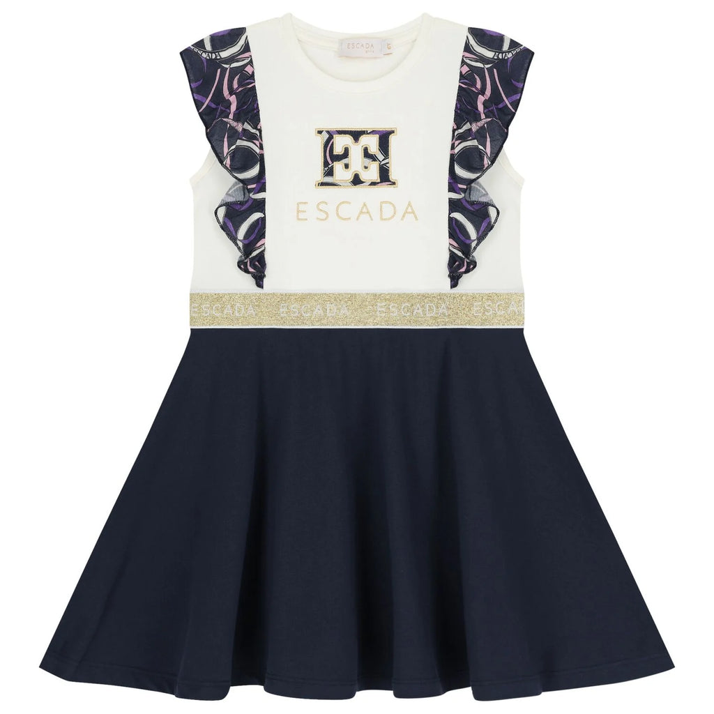ESCADA GIRLS IVORY & NAVY BLUE RUFFLED DRESS