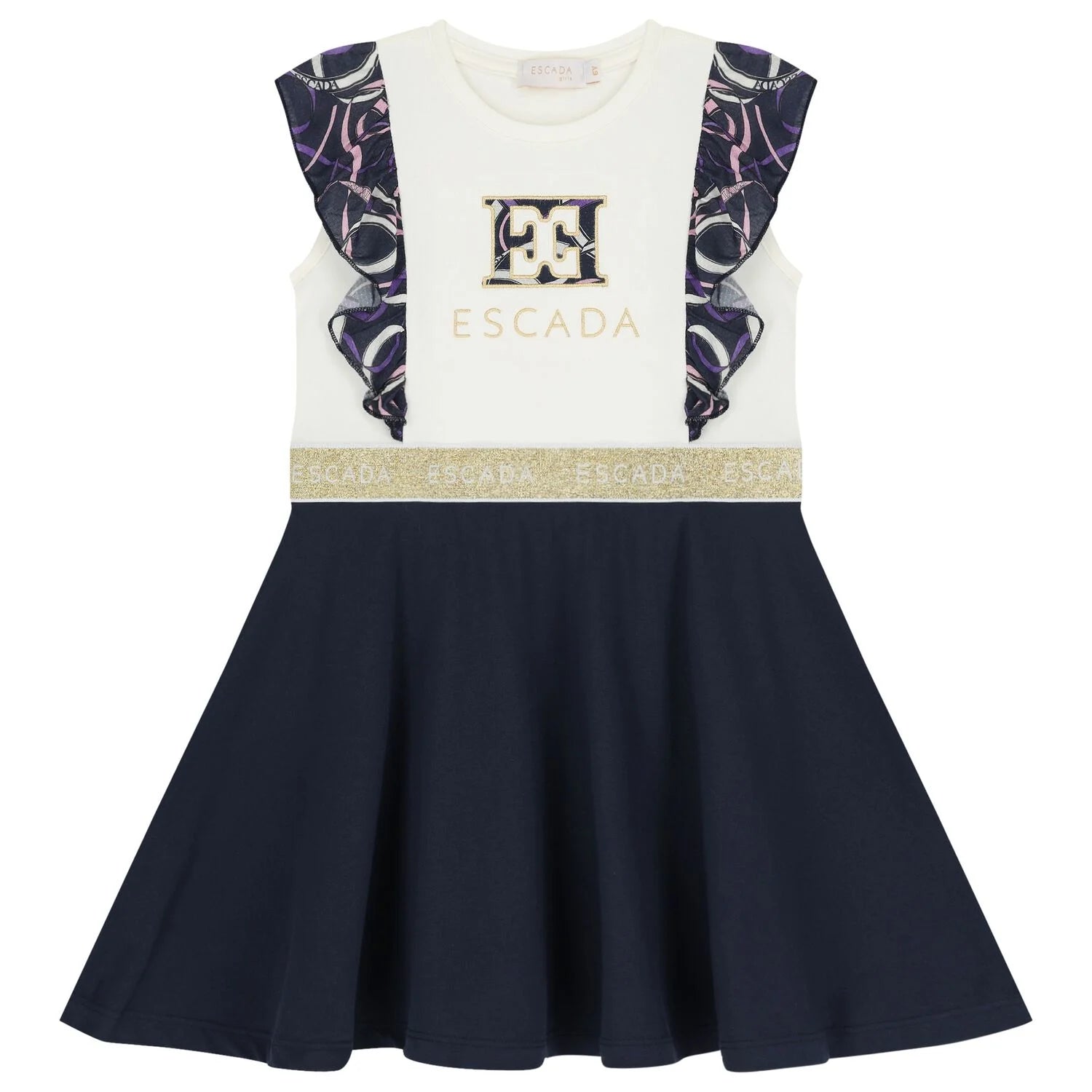ESCADA GIRLS IVORY & NAVY BLUE RUFFLED DRESS