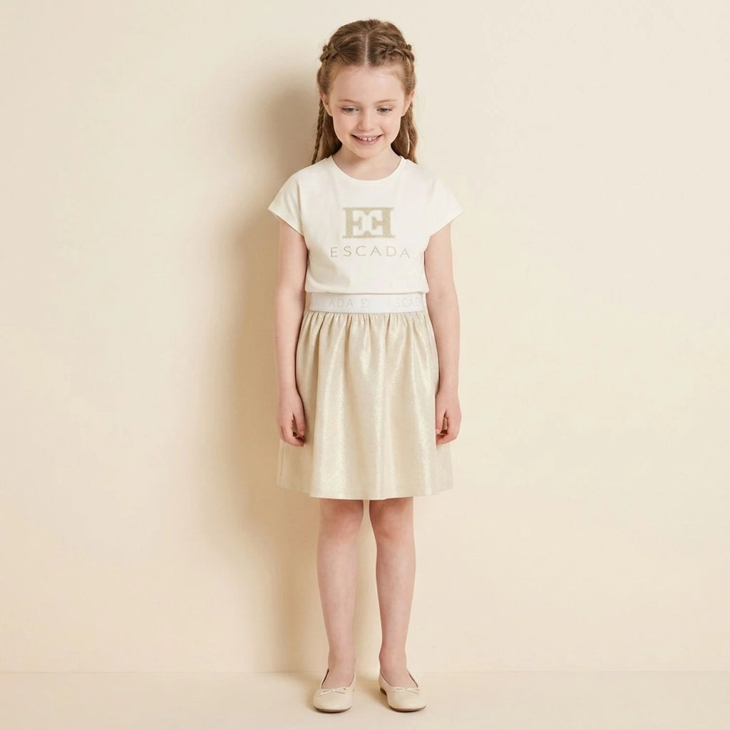Escada Girls Ivory & Gold Logo Dress