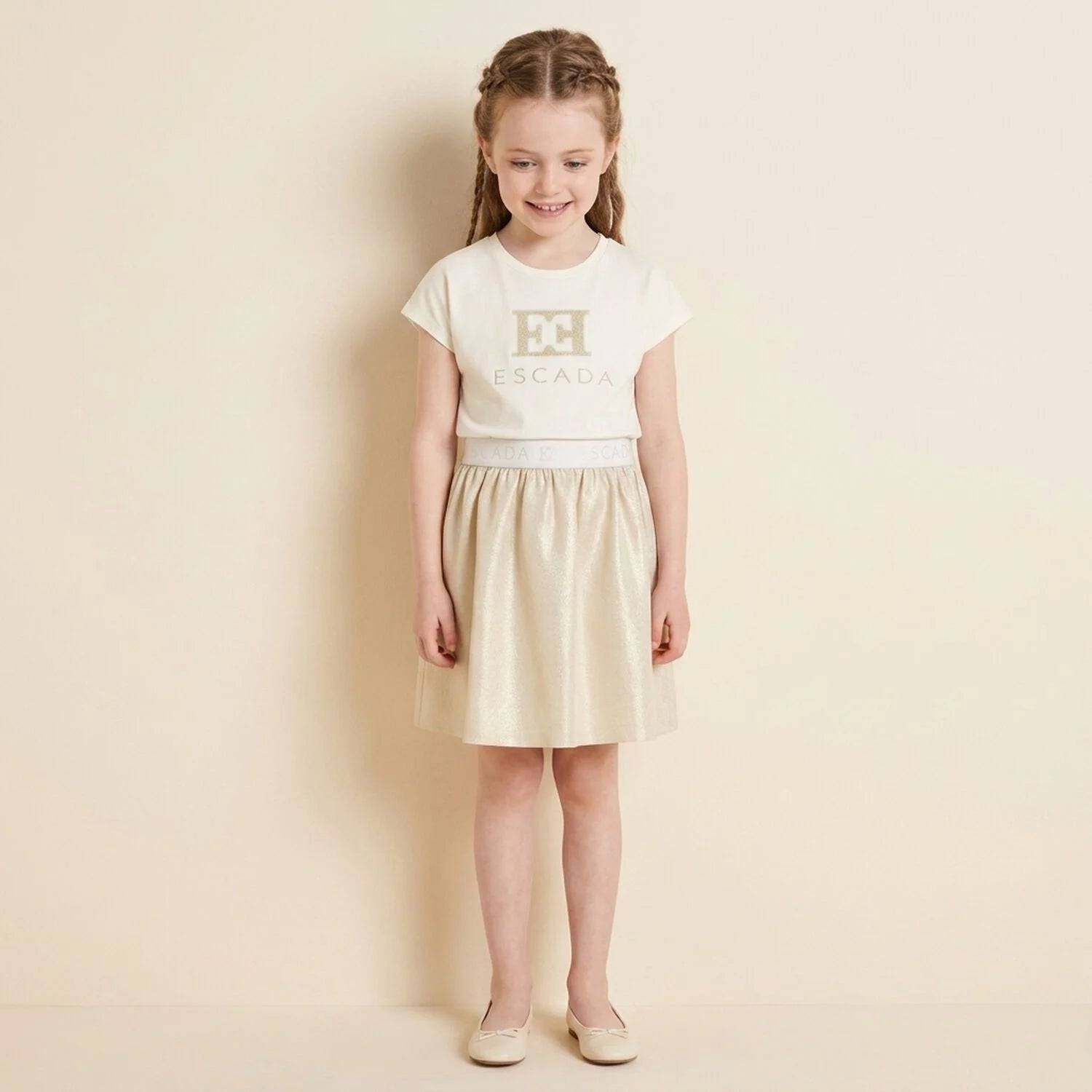 Escada Girls Ivory & Gold Logo Dress