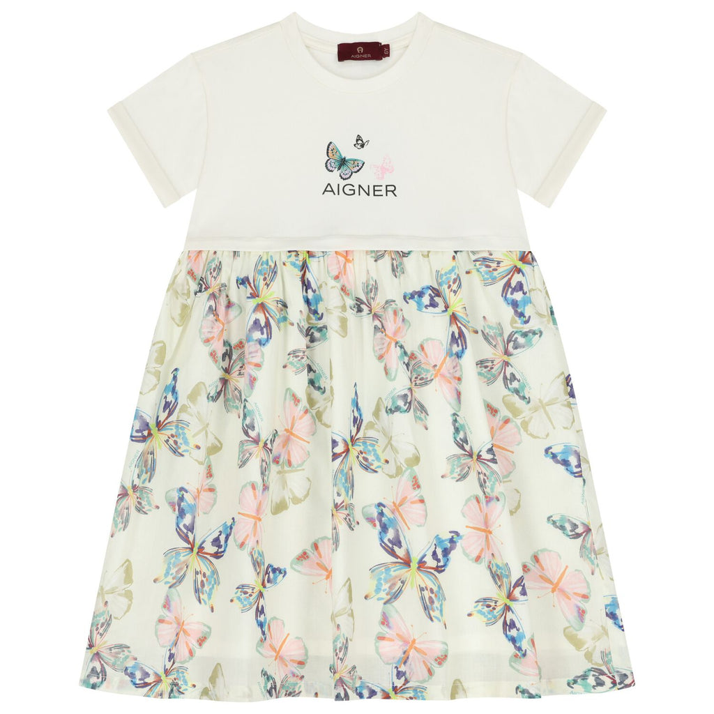 Aigner Girls Ivory Butterflies Logo Dress