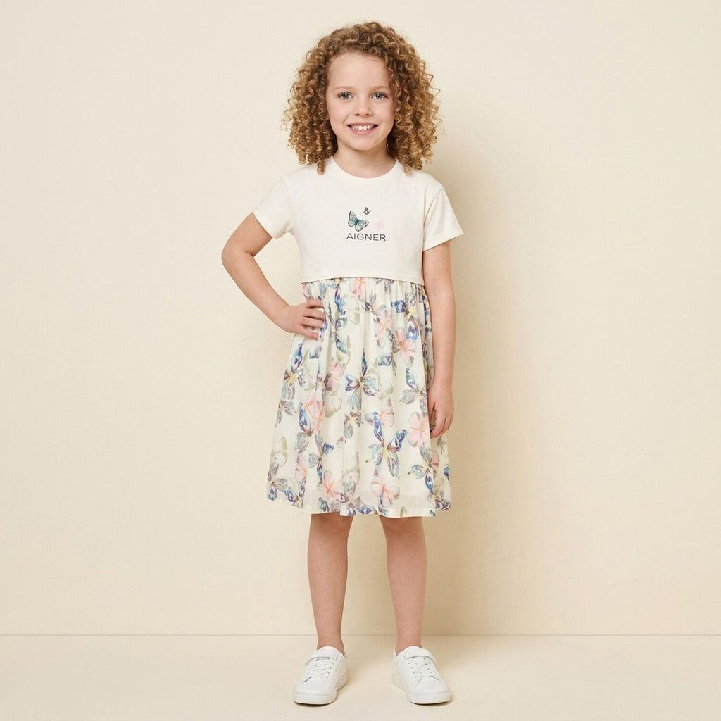 Aigner Girls Ivory Butterflies Logo Dress