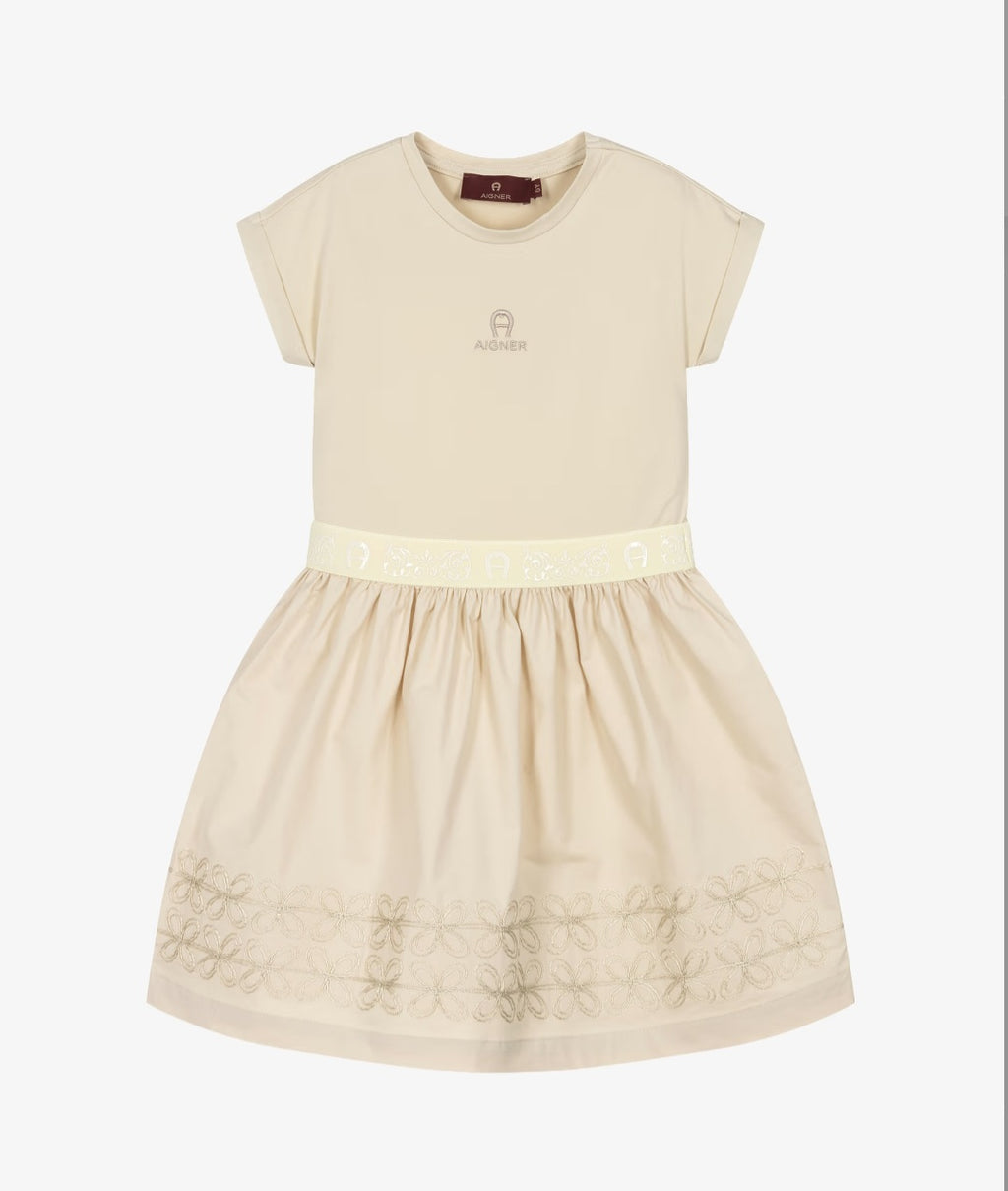 Aigner Girls Beige Cotton Dress with Floral Embroidery