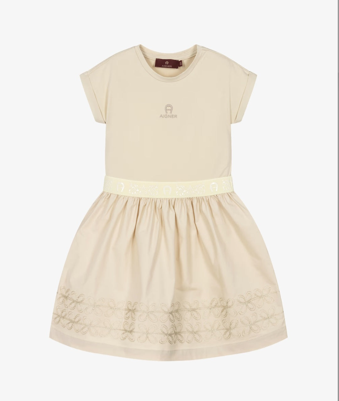 Aigner Girls Beige Cotton Dress with Floral Embroidery