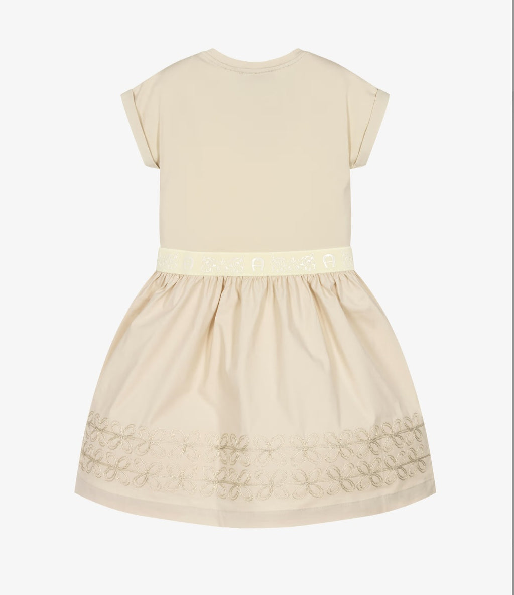 Aigner Girls Beige Cotton Dress with Floral Embroidery
