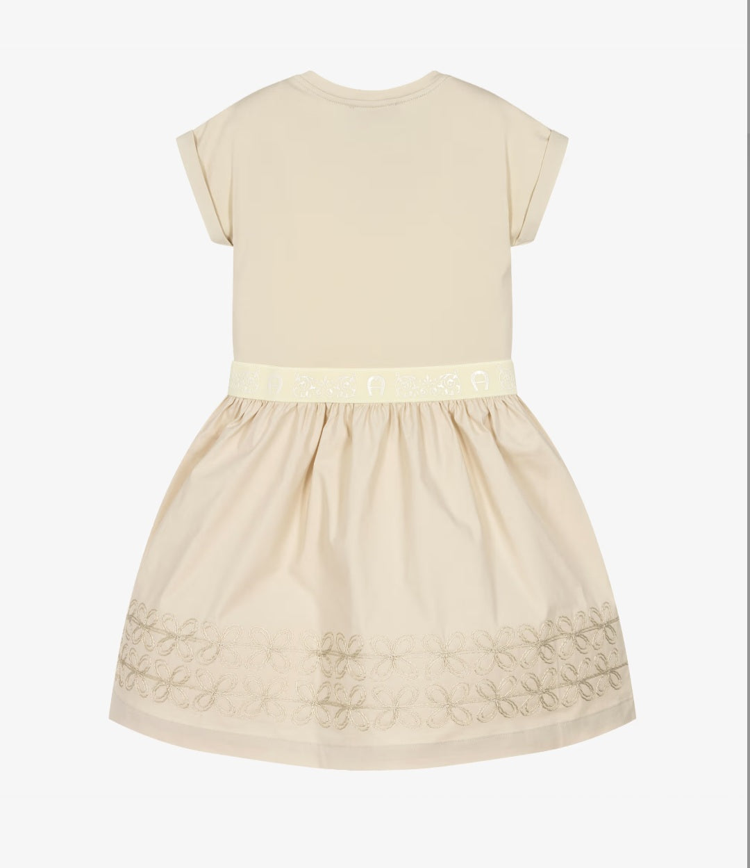 Aigner Girls Beige Cotton Dress with Floral Embroidery