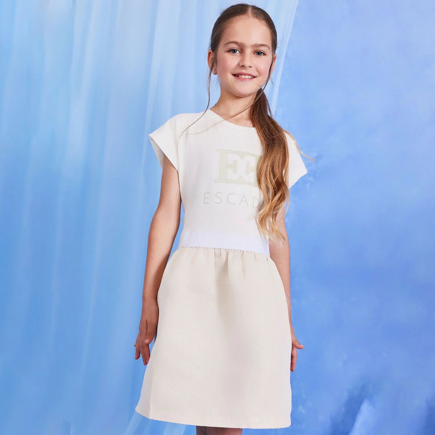 Escada Girls Ivory & Gold Logo Dress