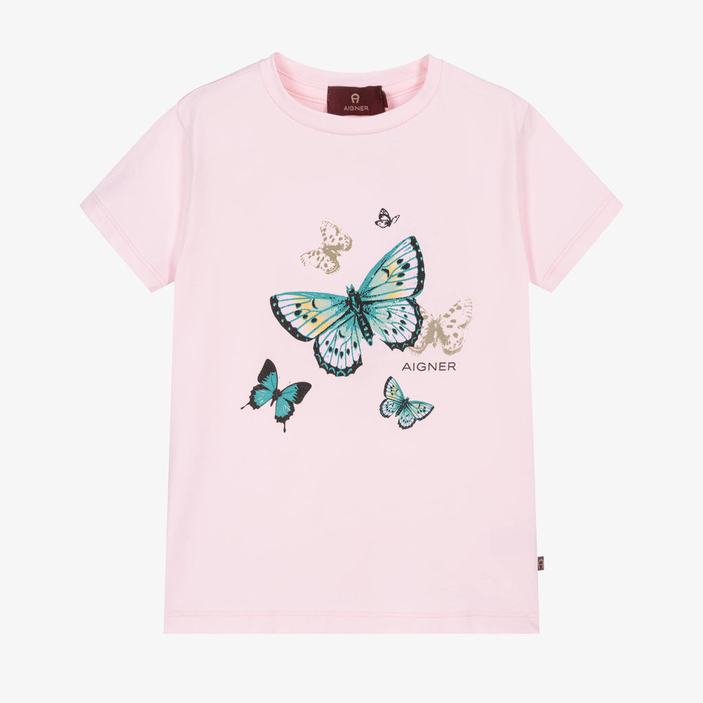 Aigner Girls Pink Butterflies Logo T-Shirt