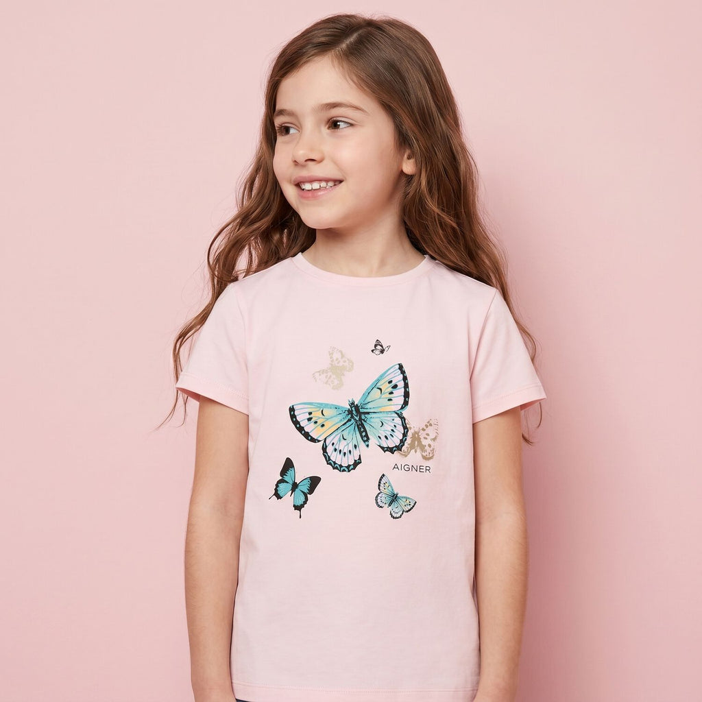 Aigner Girls Pink Butterflies Logo T-Shirt
