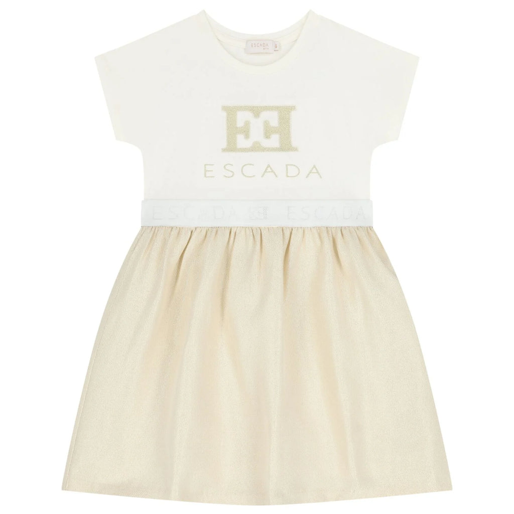 Escada Girls Ivory & Gold Logo Dress