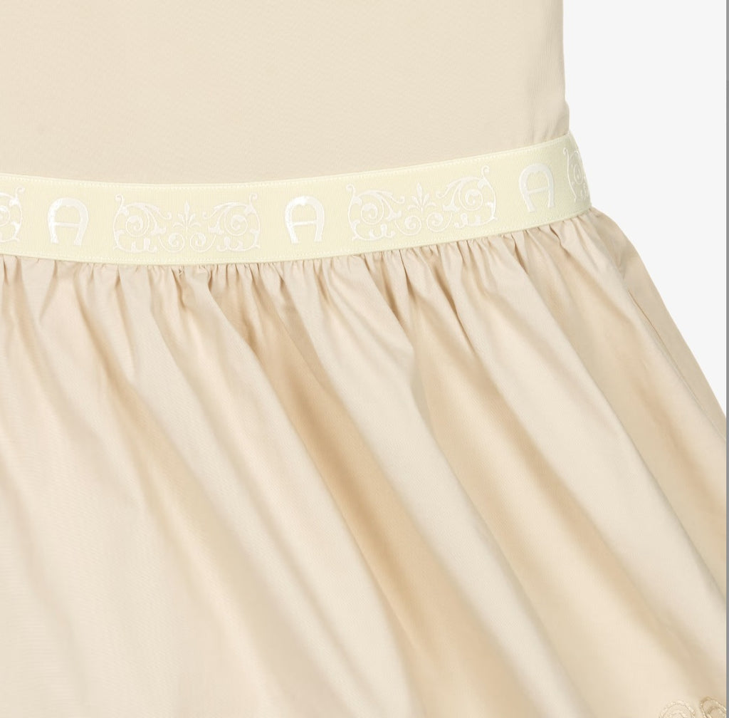 Aigner Girls Beige Cotton Dress with Floral Embroidery