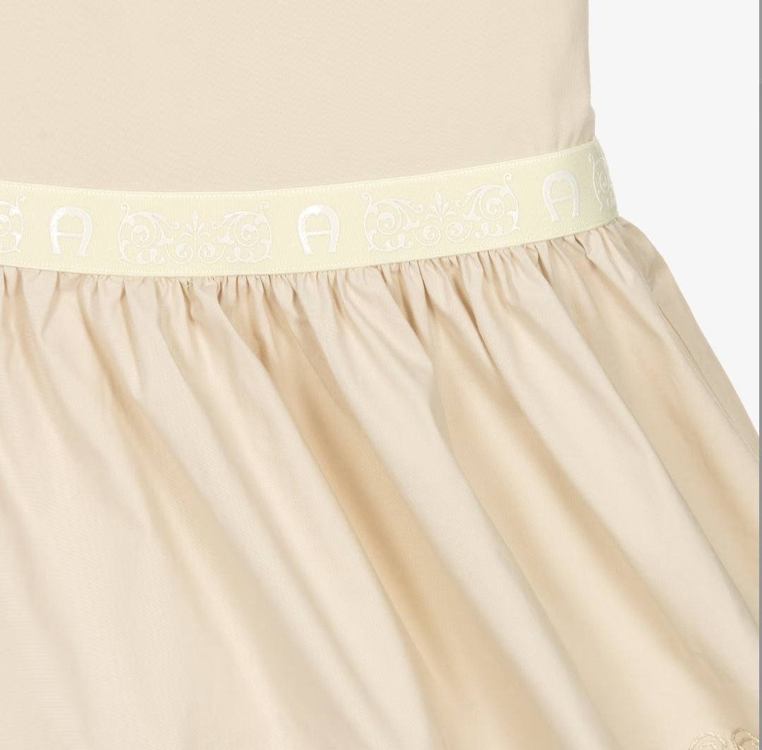 Aigner Girls Beige Cotton Dress with Floral Embroidery